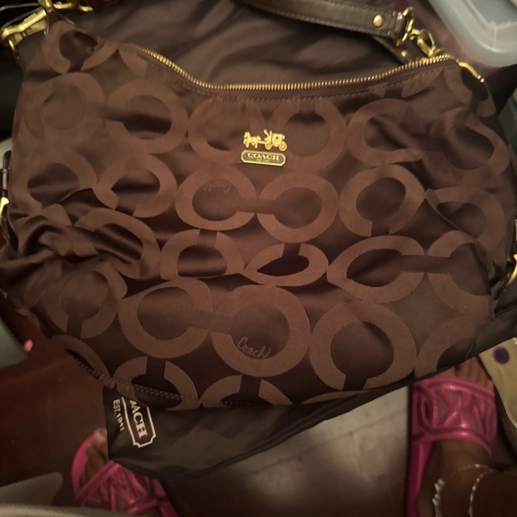 Coach Handbags - Coach Brown Signature Logo Nylon Shoulder Bag with Gold Hardware